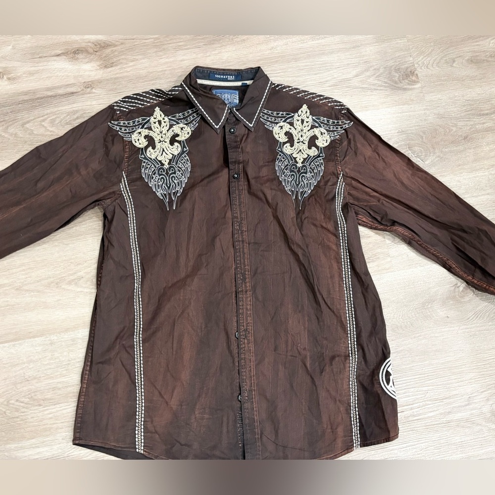 Roar Brown Button-Down Shirt with Cream & Gray Embroidery